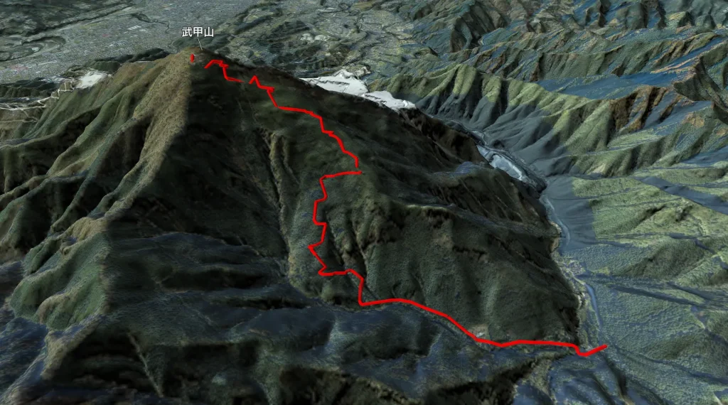 埼玉県秩父郡横瀬町の武甲山の登山コース3D図