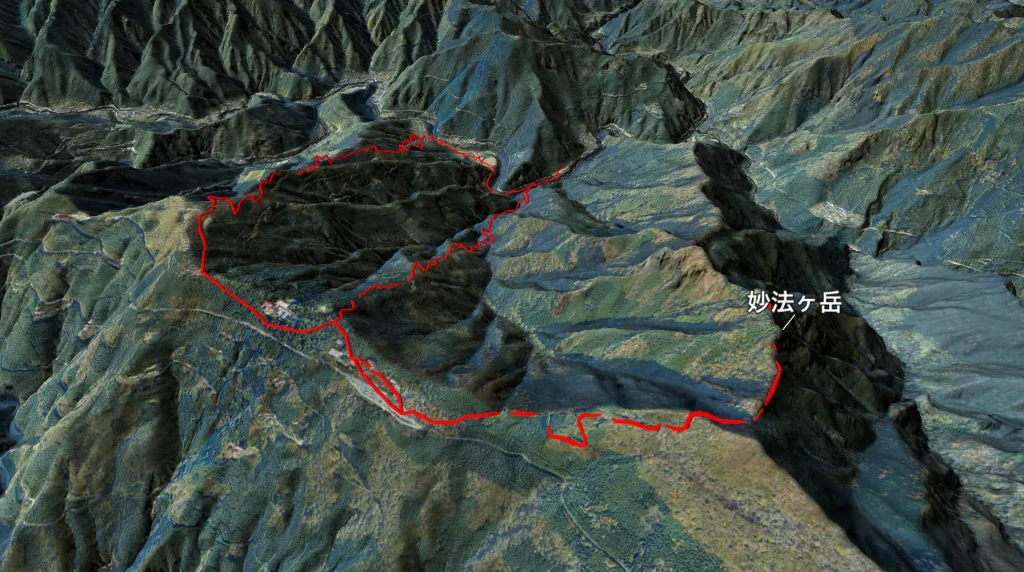 埼玉県秩父市の妙法ヶ岳の登山コース3D図