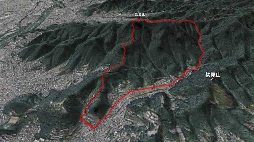 群馬県桐生市の吾妻山の登山コース３D図です