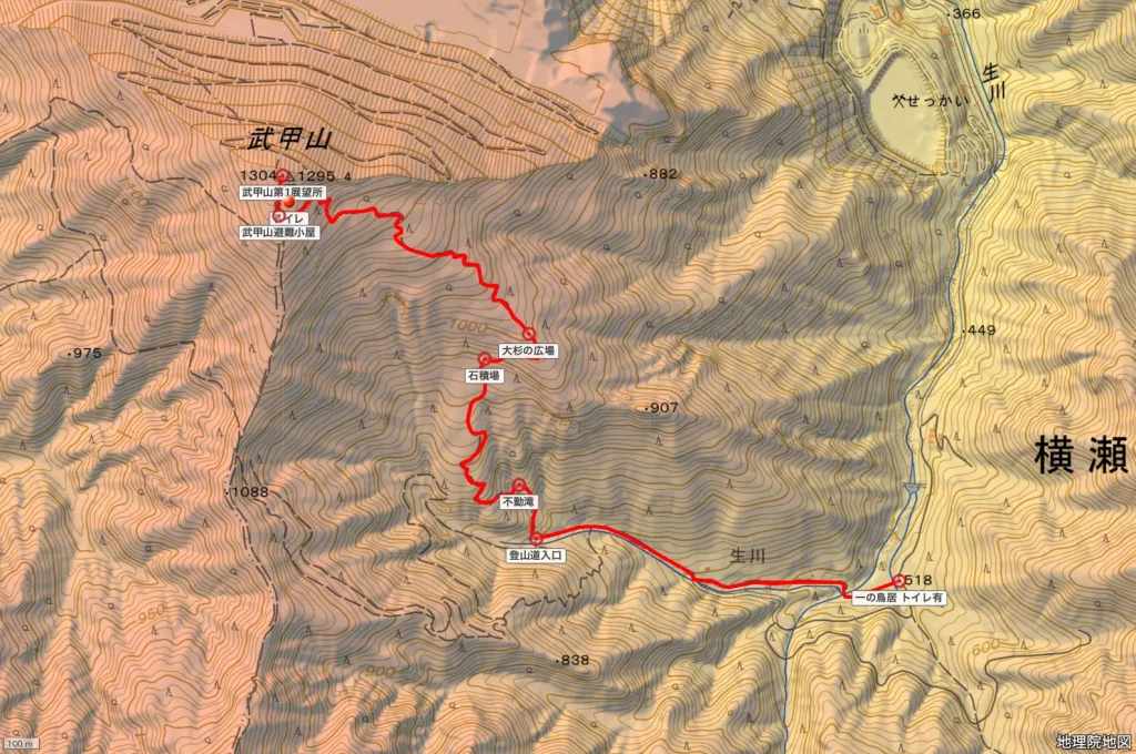 埼玉県秩父郡横瀬町の武甲山の登山コース地形図