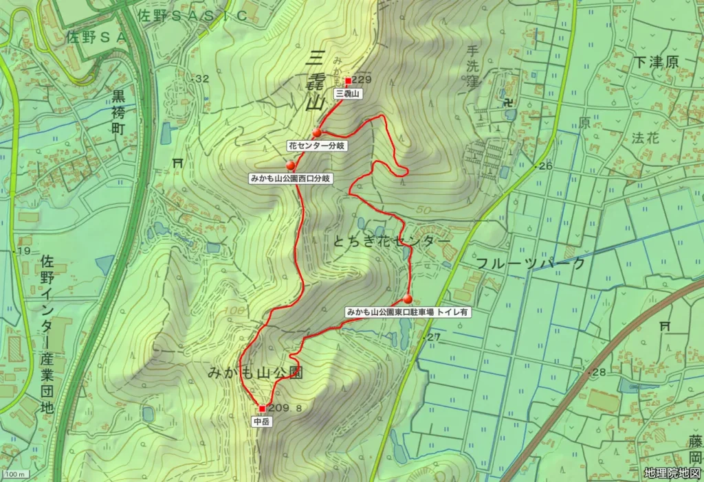 三毳山 中岳 みかも山公園東口登山コース地形図