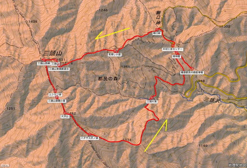 東京都西多摩郡奥多摩町の三頭山の登山コース地形図