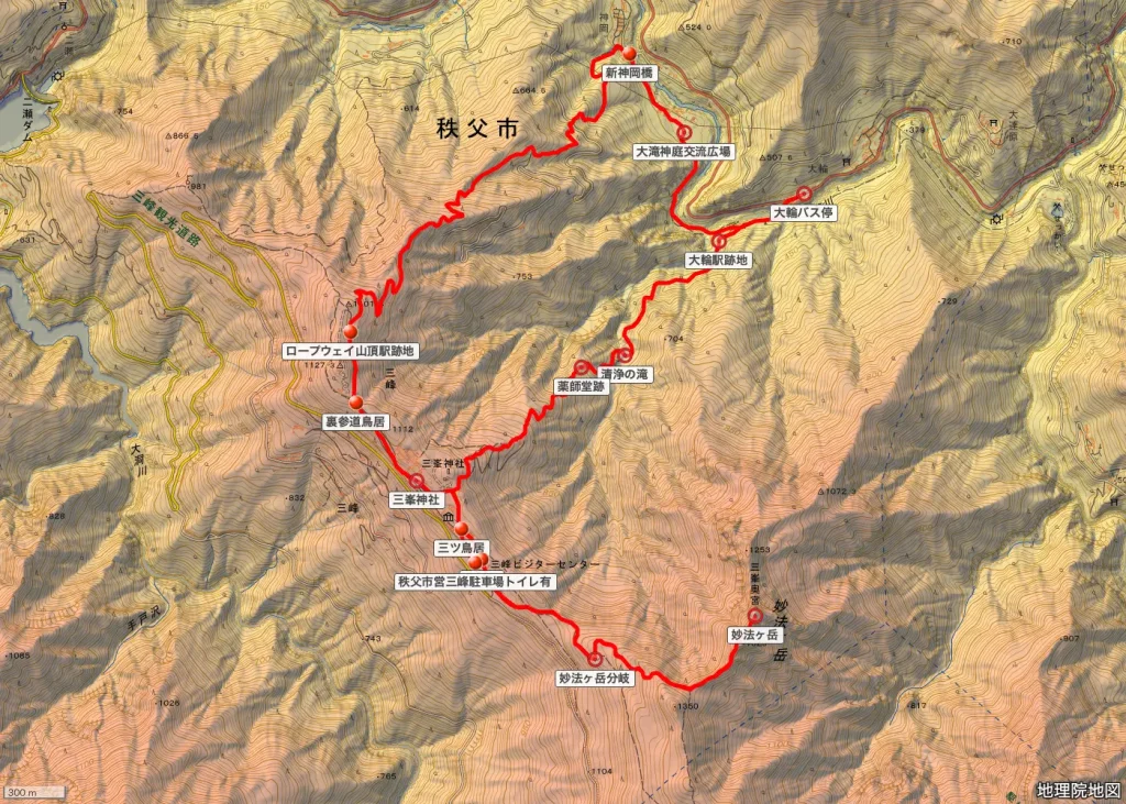 埼玉県秩父市の妙法ヶ岳の登山コース地形図