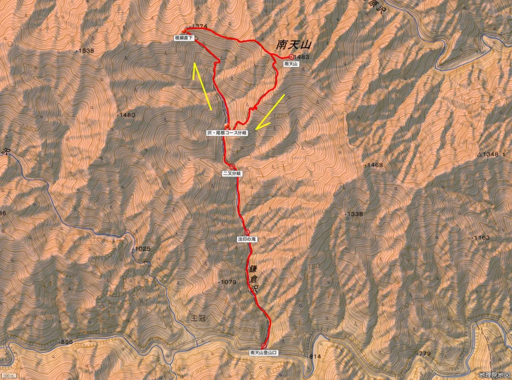 埼玉県秩父市南天山の登山コース地形図