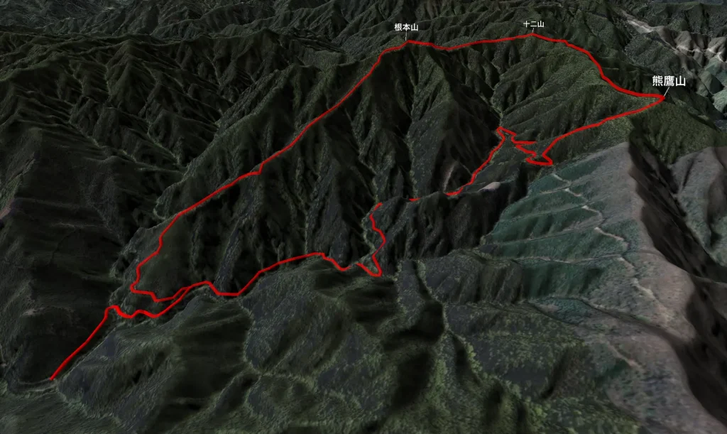 群馬県みどり市の根本山の登山ルート3D図