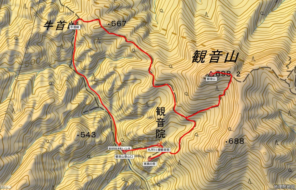 埼玉県秩父郡小鹿野町観音山の登山コース地形図