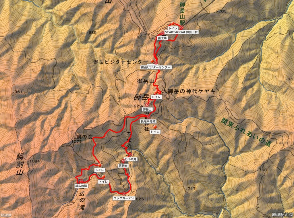 東京都青梅市の御岳山の登山コース地形図トイレ位置情報あり