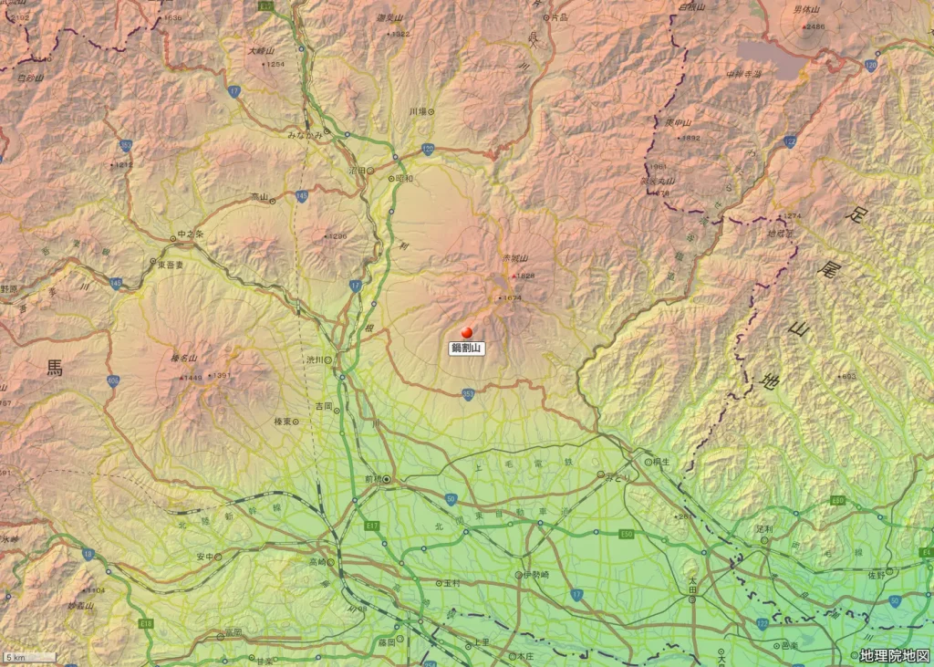 群馬県前橋市の鍋割山の位置