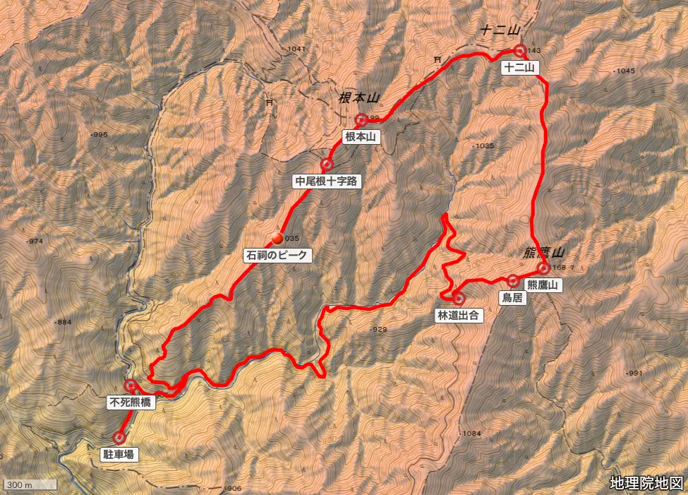 群馬県みどり市に山頂がある根本山の登山ルート地形図