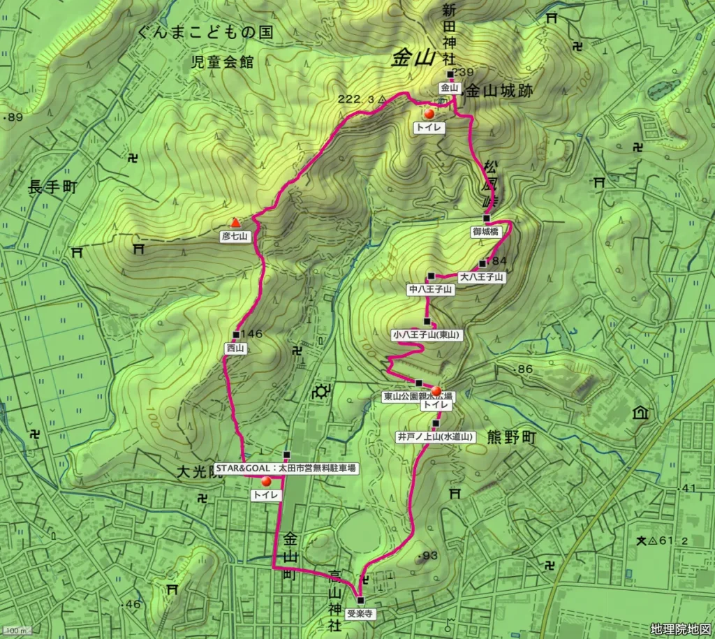 群馬県太田市の金山（かなやま）の登山コース入り地形図