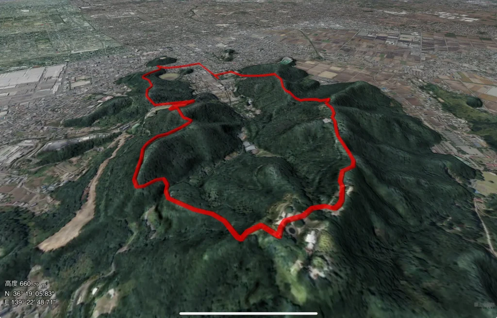 群馬県太田市金山（金山）の登山コース３D図・北方面より