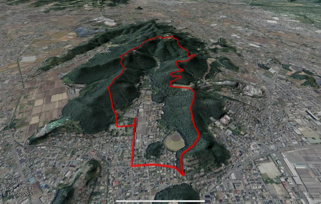 群馬県太田市金山（かなやま）の登山コース３D図・南方面より