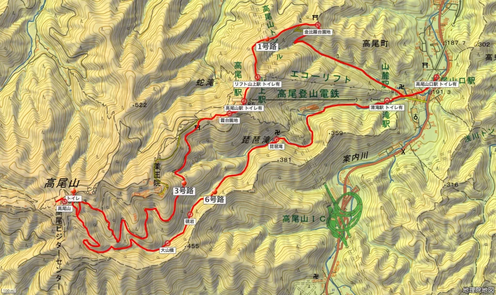 東京都八王子市高尾山の登山コース地形図