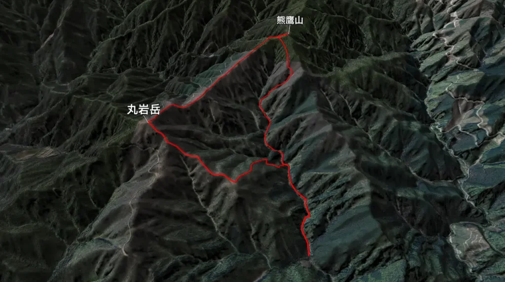 栃木県熊鷹山・丸岩岳の登山コース3D図