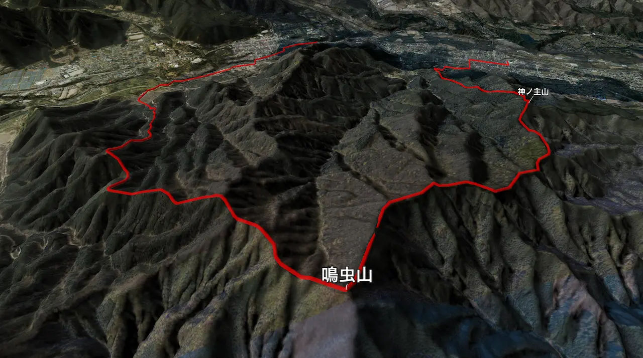 栃木県鳴虫山の登山コース3D図