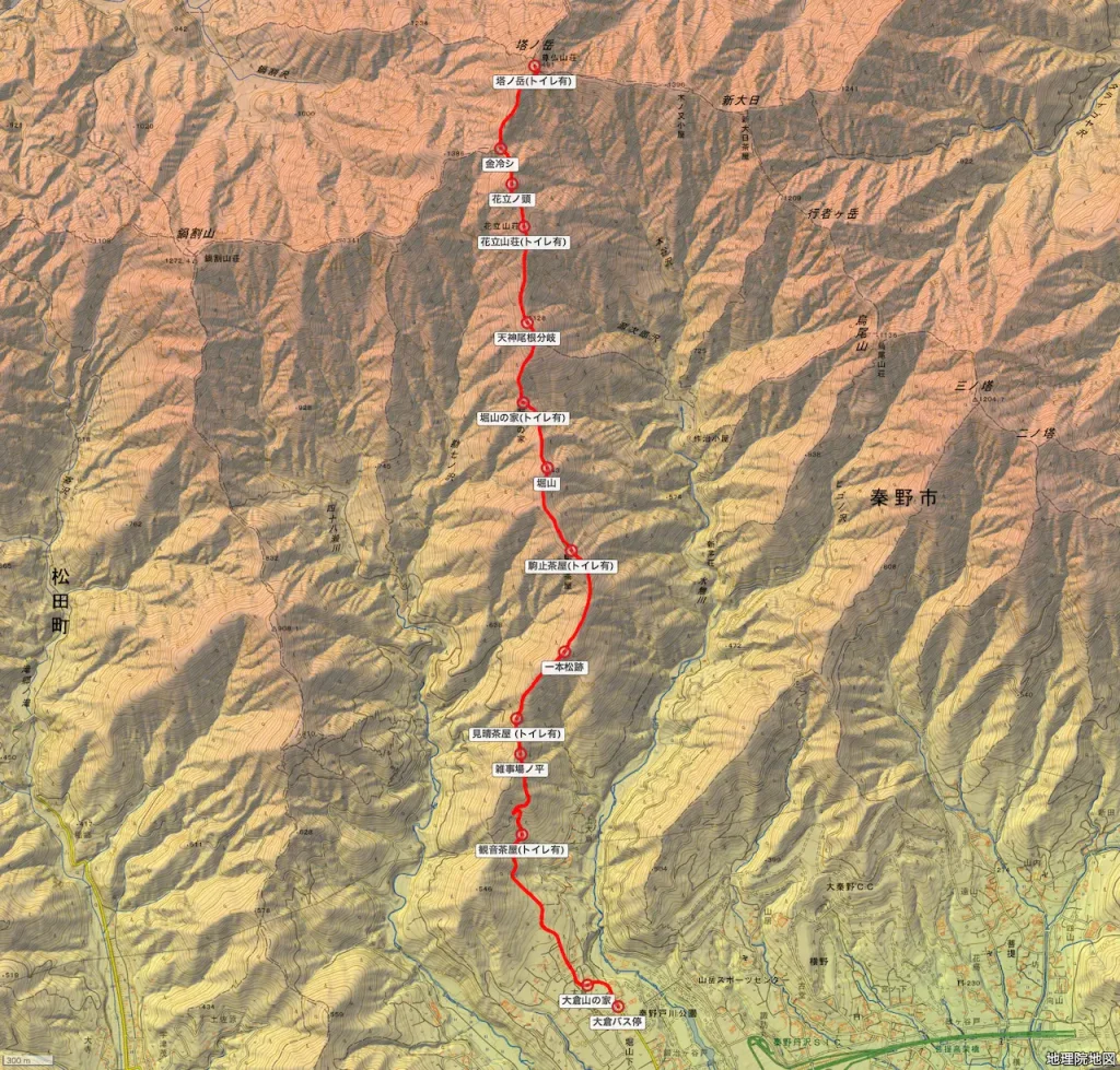 塔ノ岳登山ルート地形図