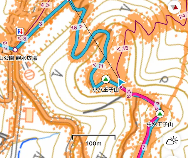 ヤマレコのナビ画面 分岐を間違えたの図