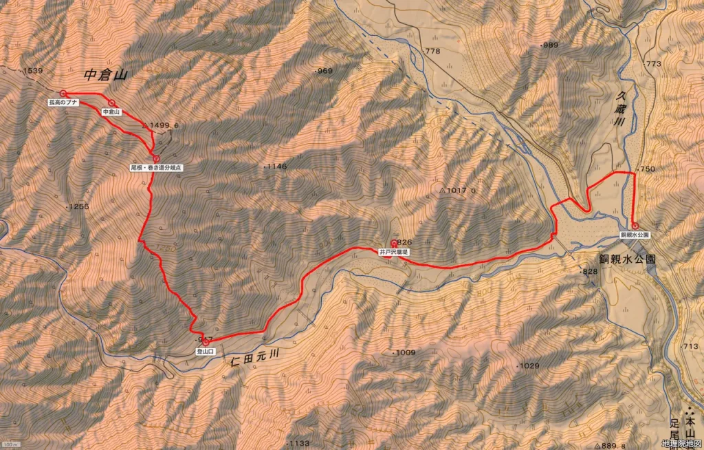 栃木県中倉山の登山コース地形図