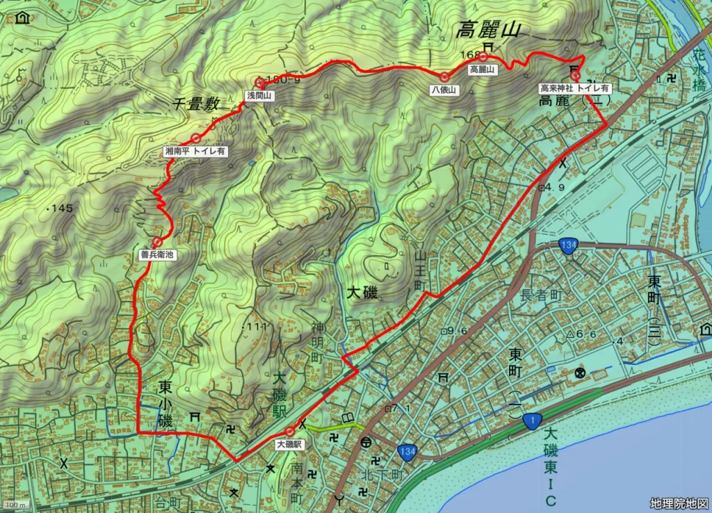 神奈川県高麗山の登山コース地形図