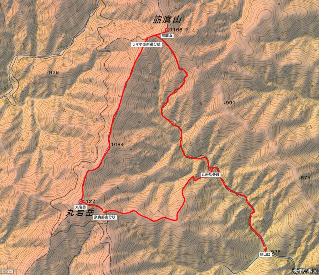 栃木県熊鷹山・丸岩岳の登山コース地形図