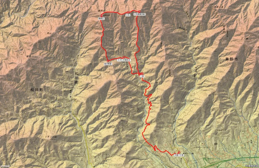 神奈川県鍋割山登山コース地形図