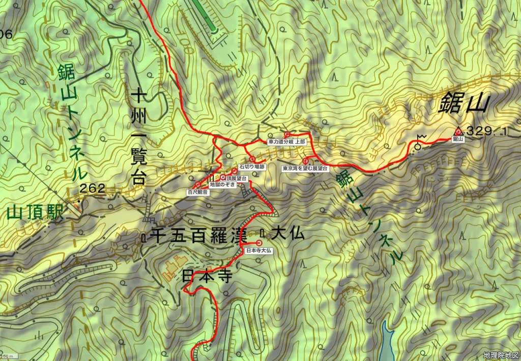 千葉県鋸山の登山コース地形図 山頂部拡大