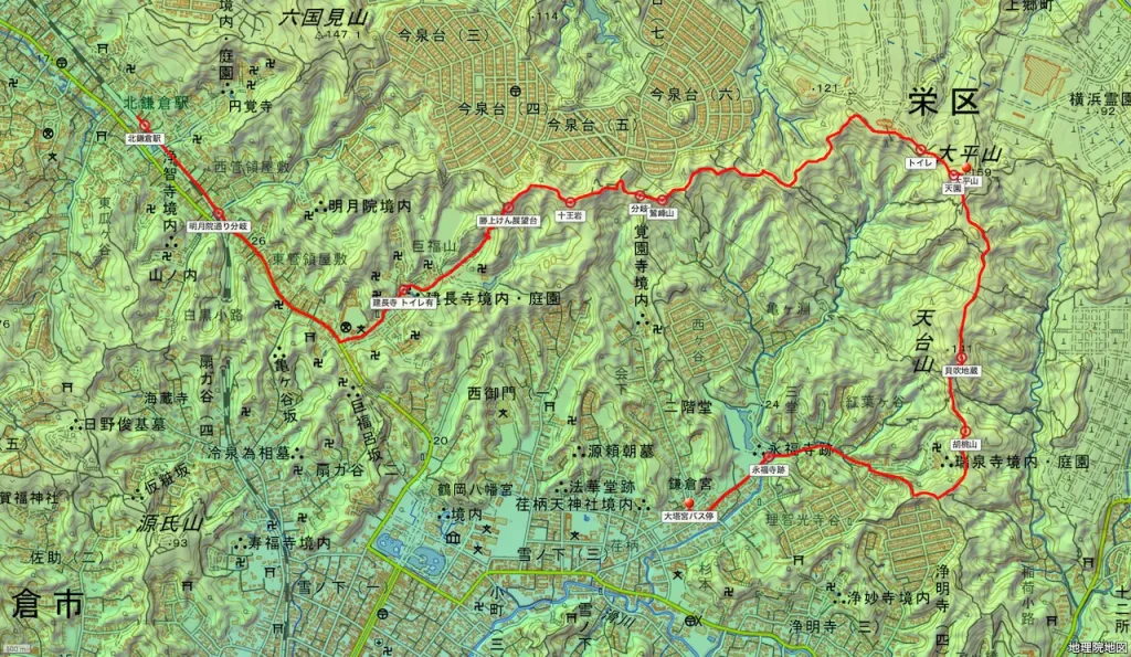 神奈川県大平山の登山コース地形図