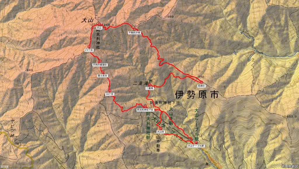 神奈川県大山の登山コース地形図