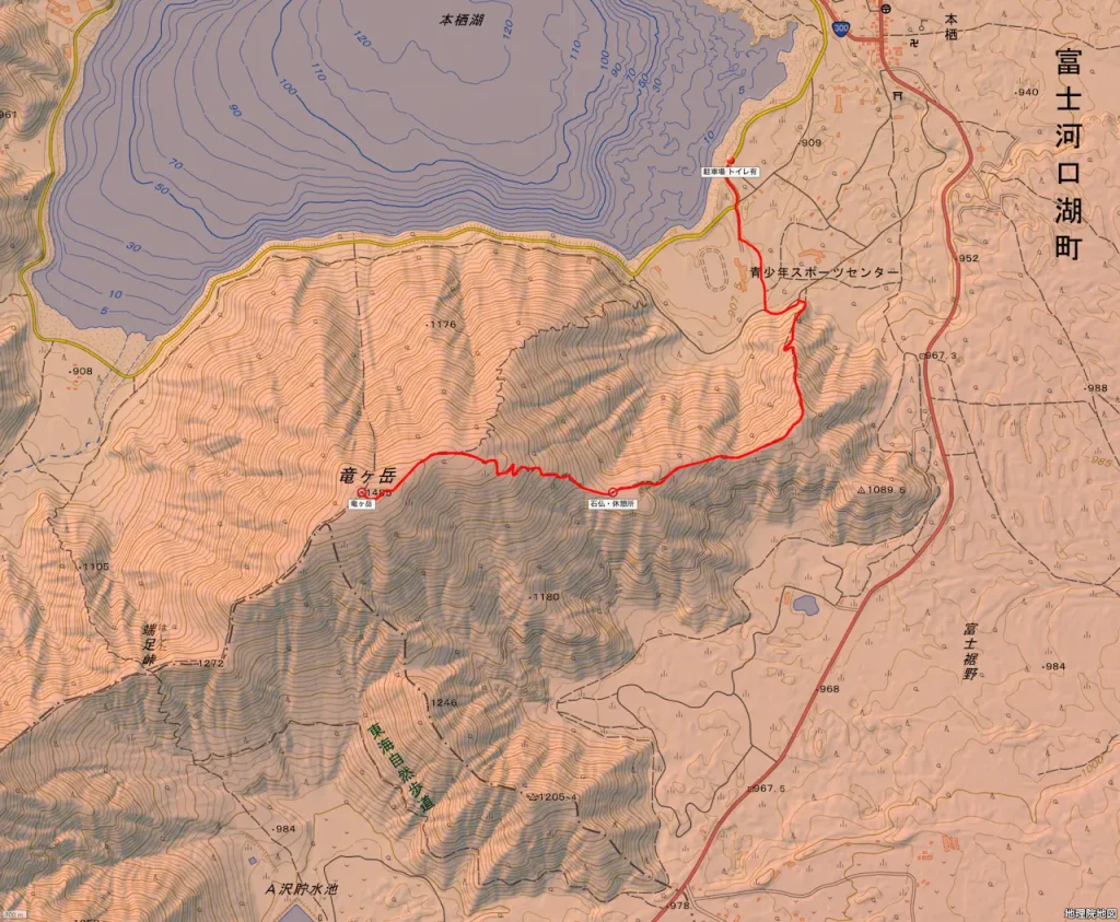 山梨県竜ヶ岳の登山コース地形図