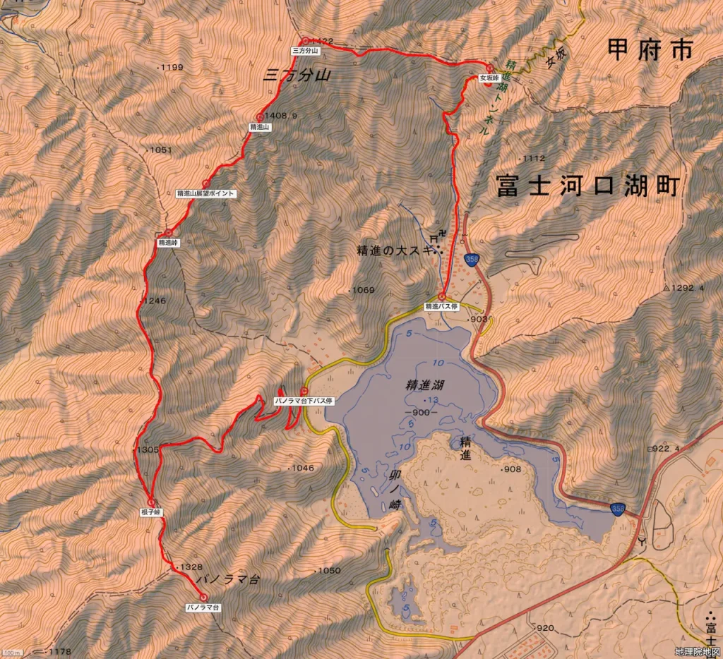 山梨県三方分山の登山コース地形図