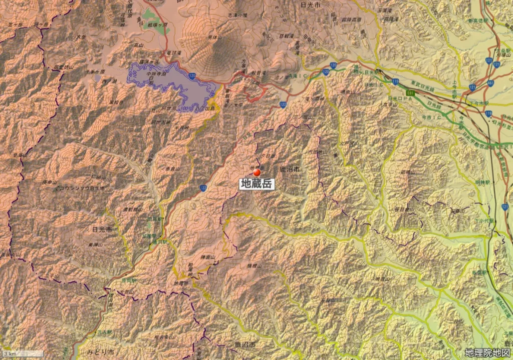 栃木県の地蔵岳の位置