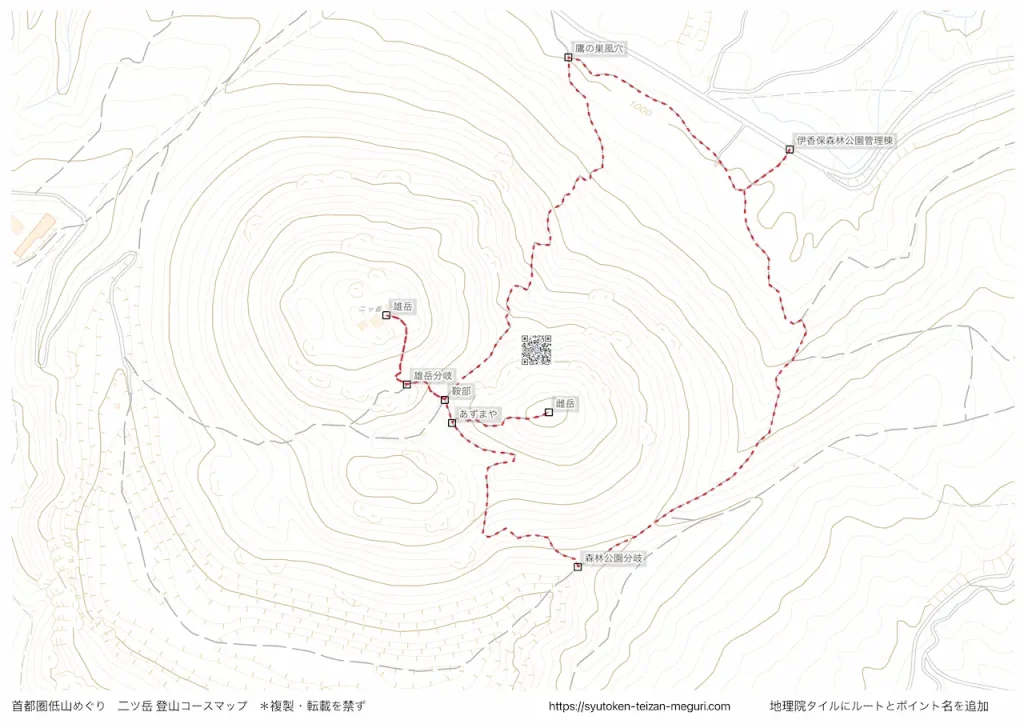 群馬県二ツ岳の登山コースマップ