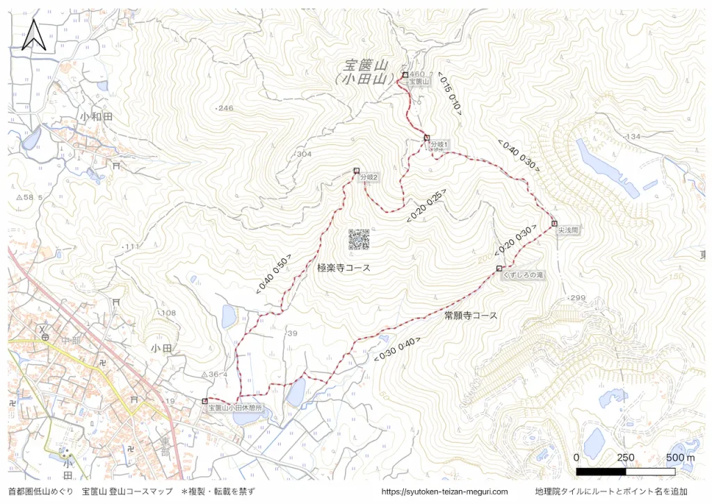 茨城県宝篋山の登山コースマップ