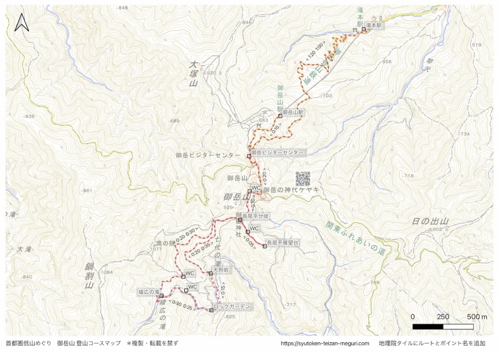 東京都御岳山の登山コースマップ