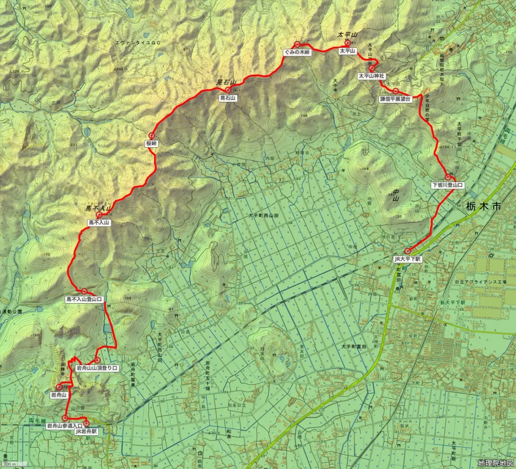 栃木県大平山・晃石山の登山コース地形図