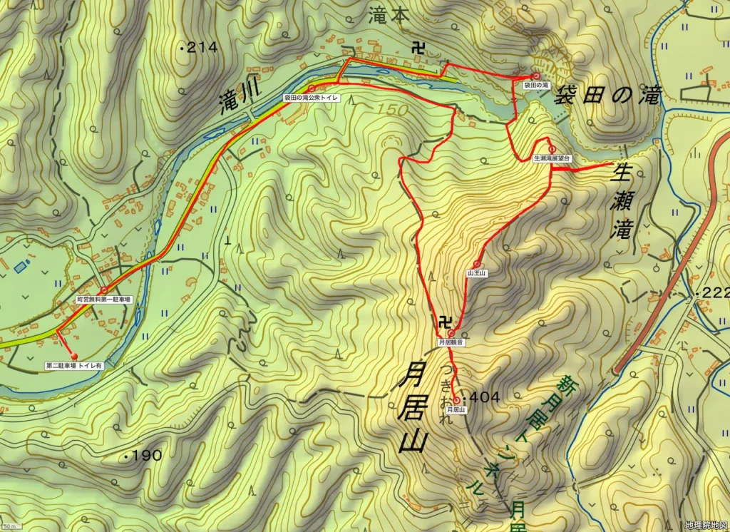 茨城県月居山の登山コース地形図