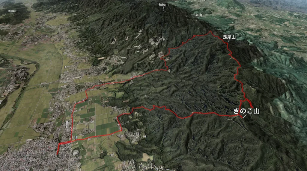 茨城県足尾山・きのこ山の登山コース3D図