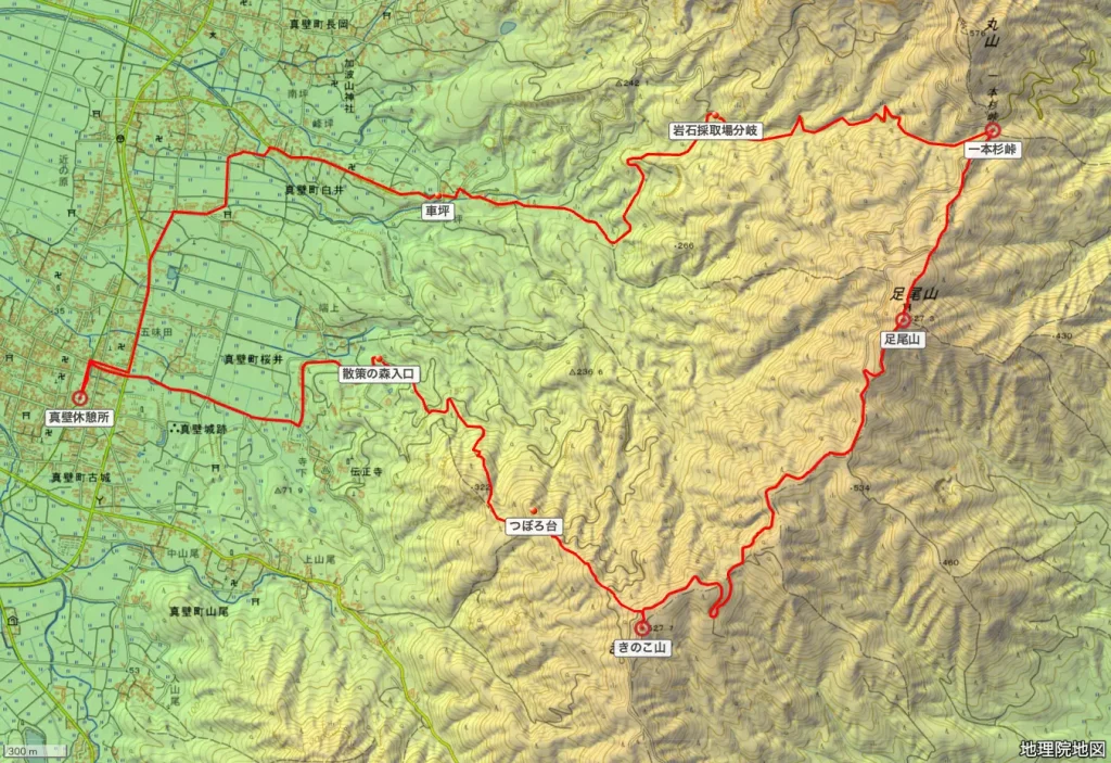 茨城県足尾山きのこ山の登山コース地形図