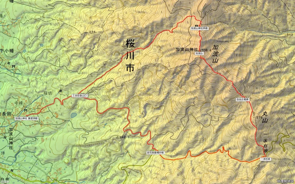 茨城県加波山の登山コース地形図