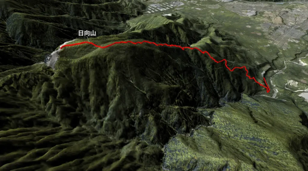 山梨県_日向山の登山コース3D図